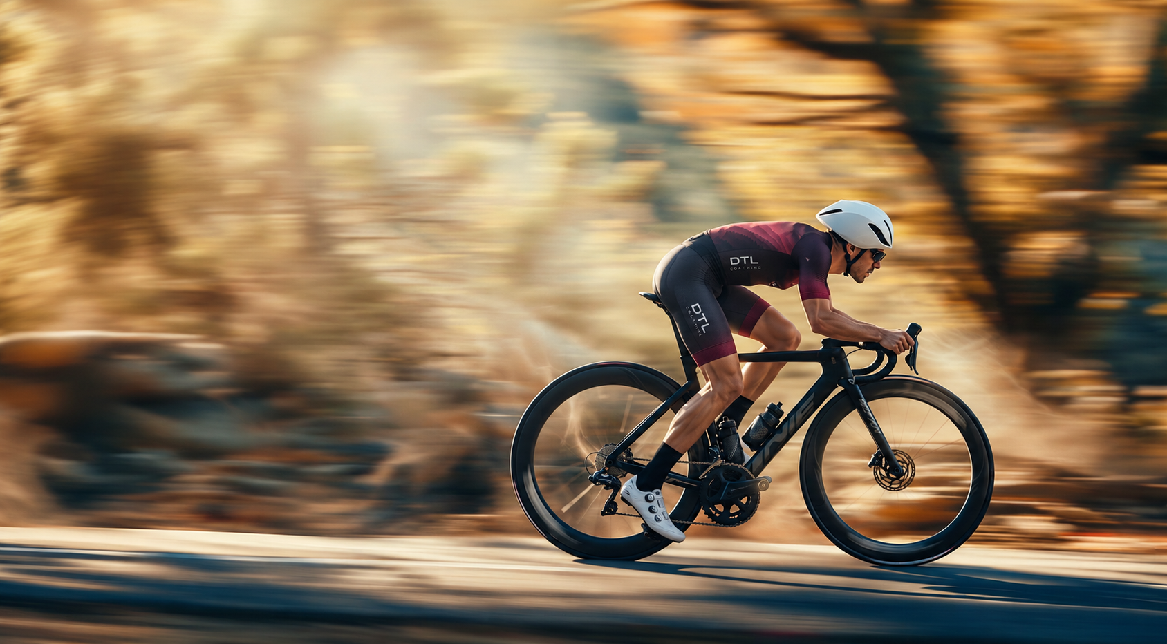 Cyclist wearing the burgundy DTL tri suit, riding with road drop handlebars against a warm motion-blurred landscape